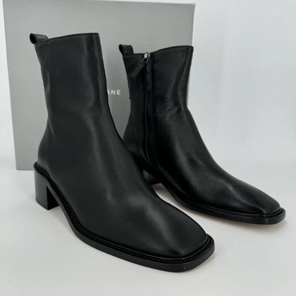 Everlane The City Boot in Black Leather sz 5.5 Women's Side Zip Block Heel Ankle